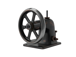 Vintage sewing machine hand wheel and mechanism, isolated, with visible rust and patina