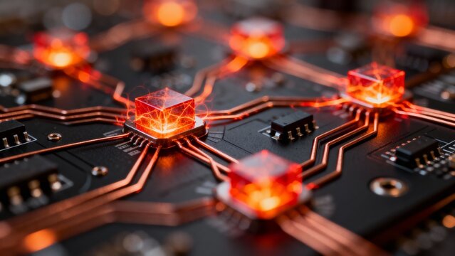 Futuristic circuit board background with red glowing microchips. High-tech cybernetic AI technology concept. - Powered by Adobe