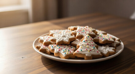 Plate of iced christmas cookies shaped like stars and trees in warm morning light