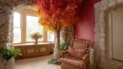 Step into a whimsical and enchanting interior space, meticulously designed with an eclectic mix of natural and ornate elements. A vibrant artificial tree with fiery autumn leaves creates a stunning fo