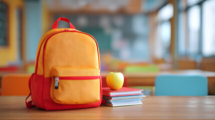Backpack, apple, and books symbolizing back to school