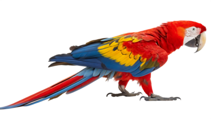 A colorful Scarlet Macaw parrot walking and looking cut out on PNG, isolated on white background. AI GENERATED.