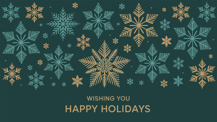 Elegant holiday greeting card with gold and teal snowflakes on dark green background and festive message wishing happy holidays