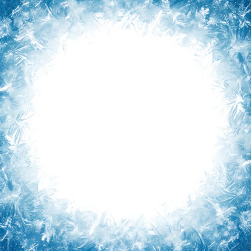 Abstract winter background with a circular frame of blue frost and ice crystal patterns, leaving a white central copy space