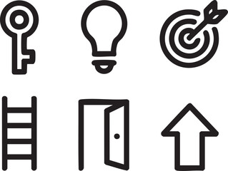 Six black icons key lightbulb target ladder open door upward arrow