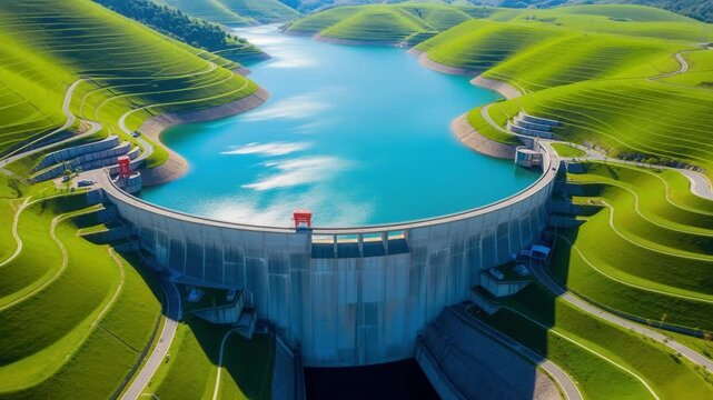 Aerial view of a massive hydroelectric dam generating renewable energy. Concrete arch structure holding back a turquoise reservoir amidst lush green terraced hills. 