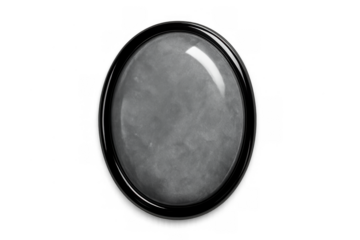 Black oval frame with gray cabochon stone simulation and shiny reflection on transparent background