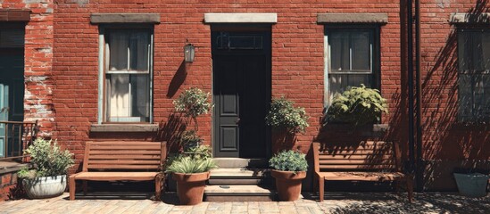 Charming Brick Building Facade with Plants and Benches.