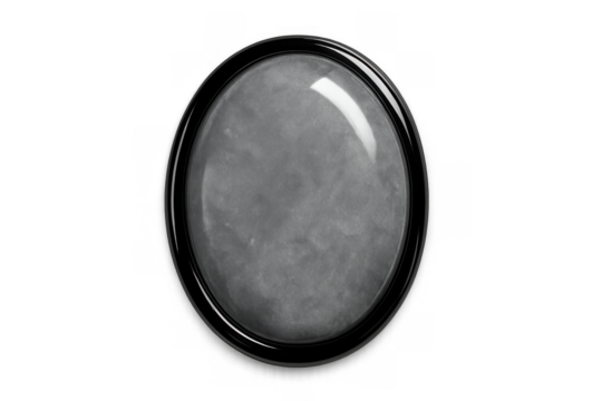 Black oval frame with gray cabochon stone simulation and shiny reflection on transparent background