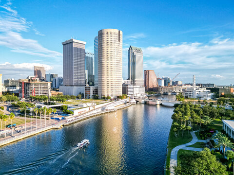 Tampa skyline from above aerial view photography city with skyscrapers and Hillsborough River in downtown Tampa, United States