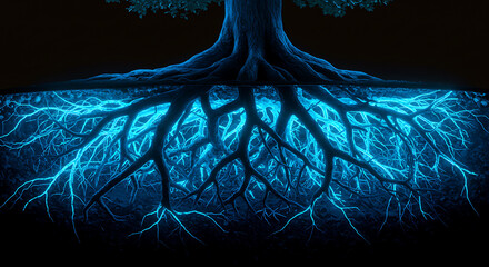 Glowing Tree Roots in Dark Underground Scene