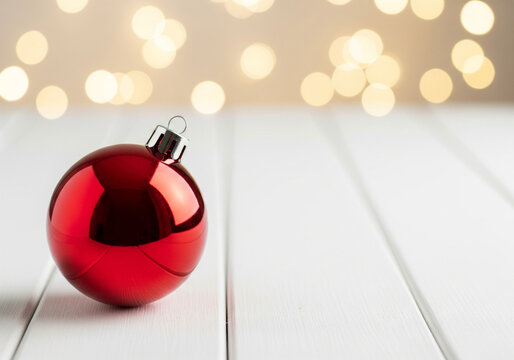 Glossy red Christmas bauble on white wooden surface with warm bokeh lights background