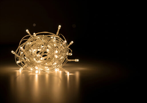 Tangled ball of warm glowing Christmas fairy lights on dark reflective background with copy space