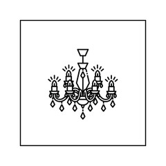 Outline icon of a classic chandelier with lit candles and hanging crystals, symbolizing elegance