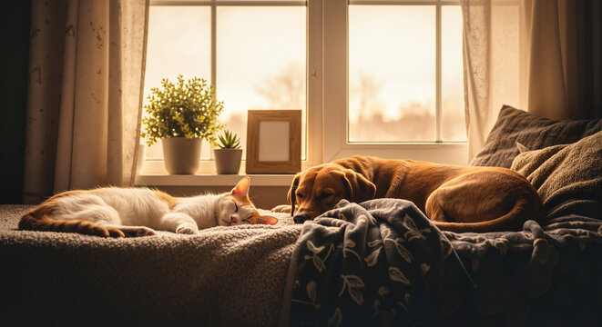Cat and dog sleeping together on bed by window in cozy interior  