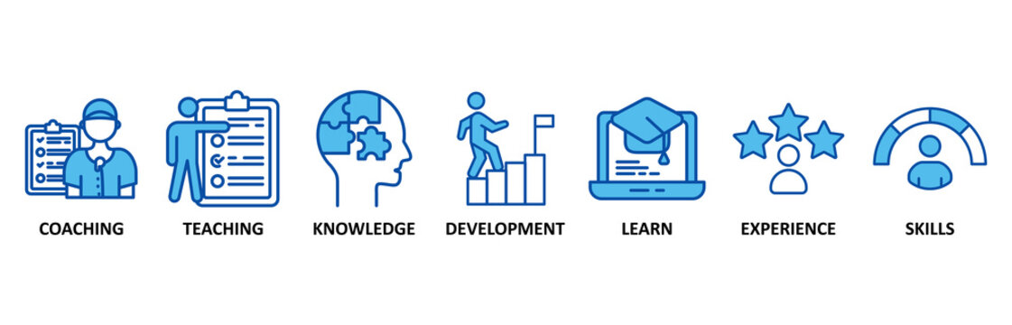 Training icon set In Blue Style, Vector Illustration for education with icon of coaching, teaching, knowledge, development, learning, experience, and skills