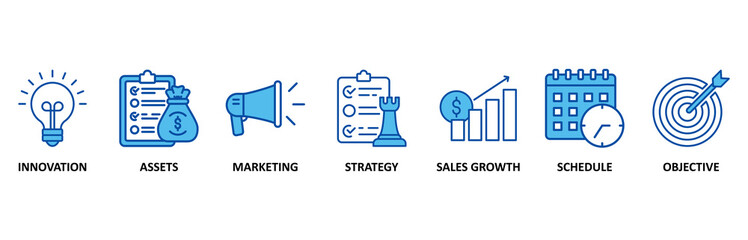 Business plan icon set In Blue Style, Vector Illustration for innovation, assets, marketing, strategy, sales growth, schedule, and objective