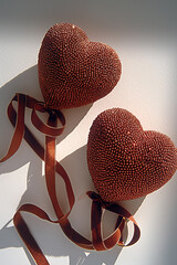 Decorative heart shapes with ribbons showcasing craftsmanship and creativity against a neutral background