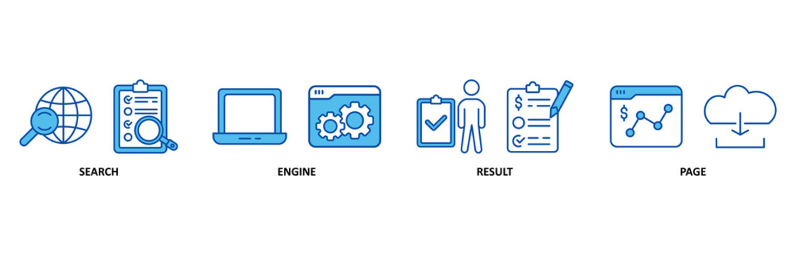 SERP icon set In Blue Style, Vector Illustration for search engine result page with icon of web search, computer, search engine, mobile search, page result, and statistics graph