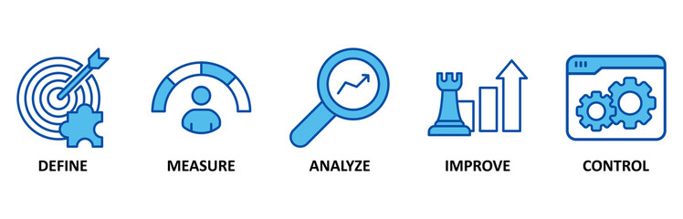 Lean six sigma icon set In Blue Style, Vector Illustration for process improvement with icon of define, measure, analyze, improve, and control