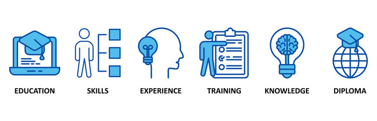 Qualification icon set In Blue Style, Vector Illustration for employee recruitment and positioning with icon of education, skills, experience, training, knowledge, and diploma