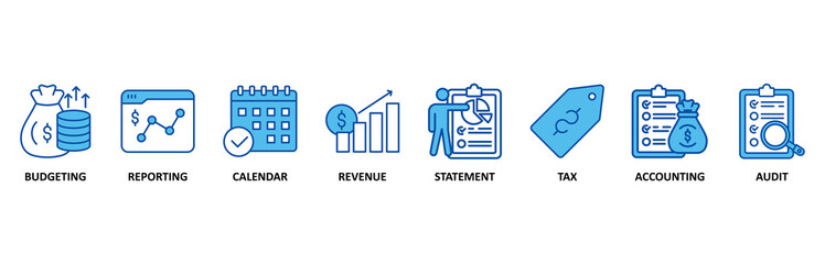 Fiscal year icon set In Blue Style, Vector Illustration for budgeting, reporting, calendar, revenue, statement, tax, accounting, audit