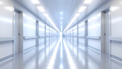 Obraz premium Symmetrical Bright Corridor with Doors and Handrails