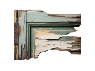 Weathered rustic wooden door frame corner with peeling paint and rusted hinge