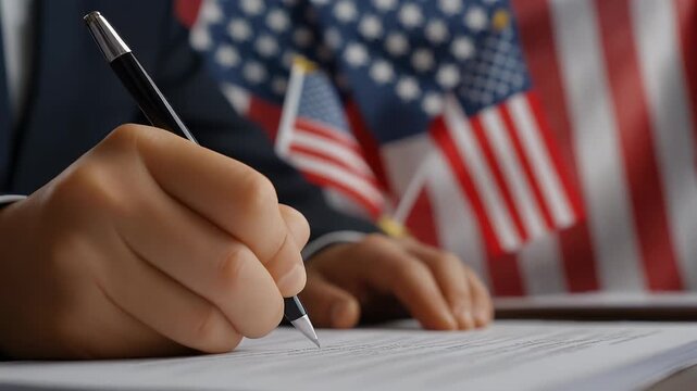 Hand Signing Document with American Flag Background Close-up photograph of a male hand gripping an elegant black pen poised over a dark document. the formality of government procedure.