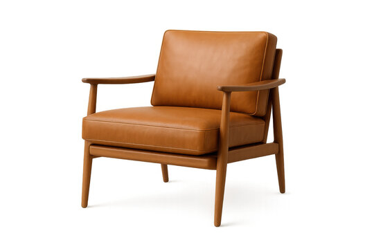 Mid century modern style armchair with brown leather upholstery and wooden frame, isolated on transparent background