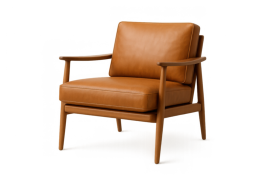 Mid century modern style armchair with brown leather upholstery and wooden frame, isolated on transparent background