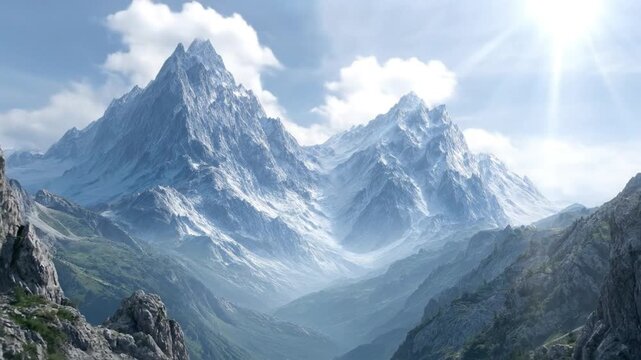This breathtaking wide shot captures a stunning, expansive mountain landscape under a bright, clear sky with soft clouds. Towering peaks, partially covered in snow and ice, rise majestically above ver
