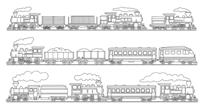 Collection of three different styles of trains, including steam engines and modern locomotives, in black and white line art.