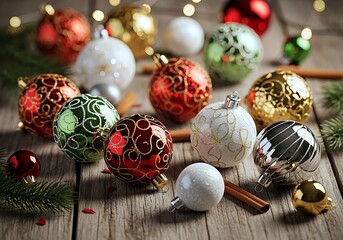 Festive Christmas Ornaments Arranged On Rustic Wooden Table With Pine Branches And Cinnamon Sticks, Illuminated By Warm Bokeh Lights.