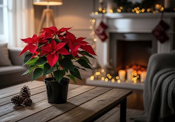 Vibrant Red Poinsettia Plant On A Rustic Wooden Table With Blurred Christmas Decorations And Cozy Fireplace Ambiance.