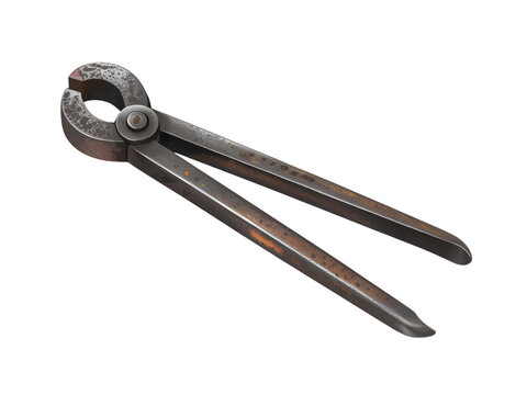 Vintage blacksmith tongs with rusty metal texture, isolated on black, traditional tool for smithing