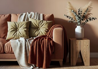 A Warm And Inviting Living Room Corner Featuring A Cozy Sofa With Decorative Pillows, Knitted Throws, And Natural Dried Arrangements In A Vase.