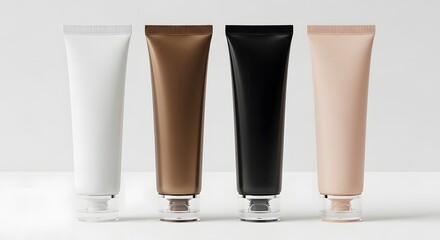 Four cosmetic tubes in white brown black and beige colors