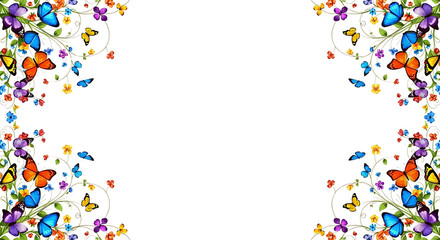 Fototapeta premium A vibrant floral frame with colorful butterflies and swirling vines creating a beautiful corner border for a joyful spring celebration