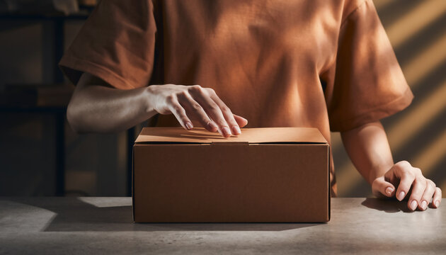 emballage colis carton, main fermant une bo&icirc;te pour exp&eacute;dition