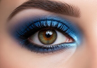A Detailed Close Up Of A Female Eye Adorned With Vibrant Blue Eyeshadow And Long Eyelashes, Highlighting Exquisite Makeup Application And Beauty.