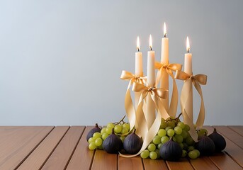 Four Glowing Candles With Golden Ribbons, Green Grapes, And Dark Figs Are Arranged On A Wooden Table, Creating A Warm And Festive Still Life Scene.