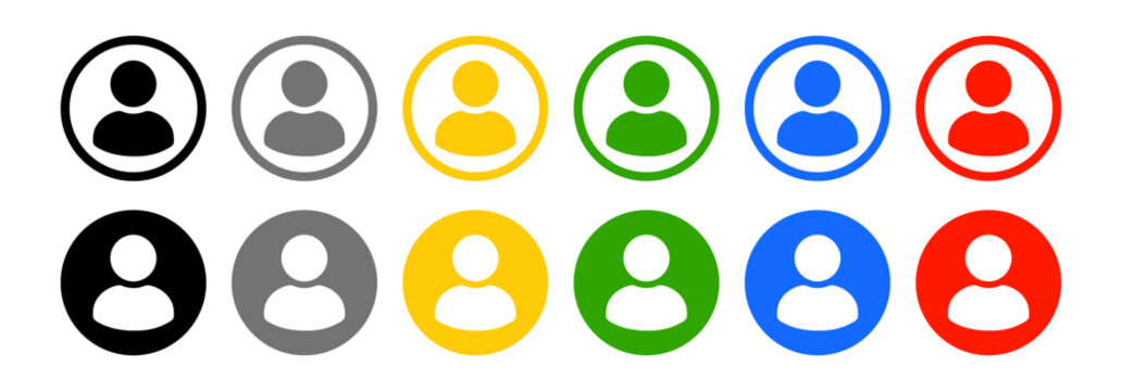 Colorful user avatar icon set, profile person symbol in circle, flat silhouette buttons vector transparent background