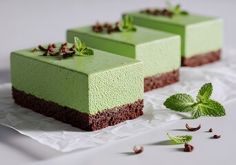 Elegant Matcha Mousse Desserts Layered With Rich Chocolate Cake And Fresh Mint Garnish. A Perfect Sweet Treat For Any Occasion.