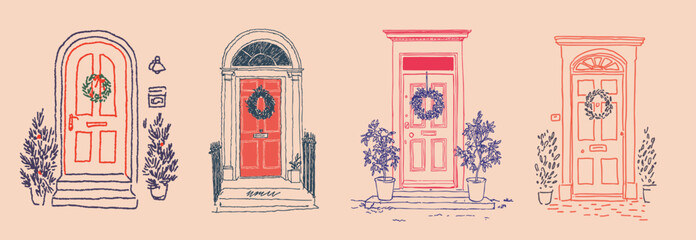 Hand drawn festive front doors decorated with Christmas wreaths and seasonal foliage in a colourful sketch style