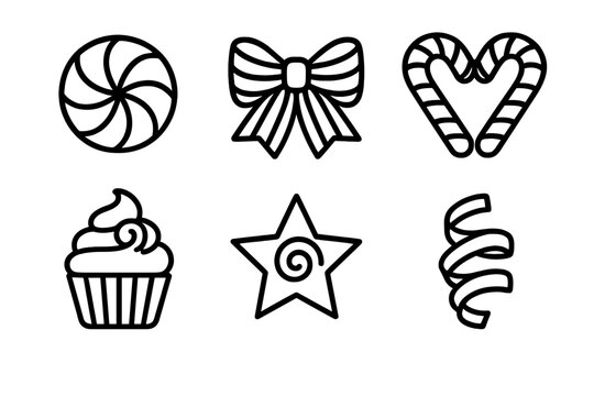 Festive Candy Icons. Holiday Swirls linear icon set : round peppermint, striped ribbon, candy cane heart, cupcake, festive star, ribbon curl