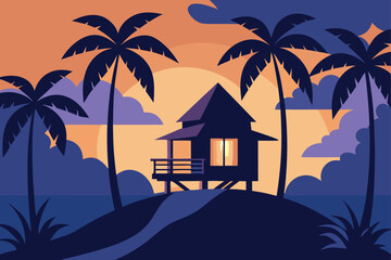 Fototapeta premium Island bungalow silhouette at vibrant tropical sunset Vector