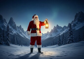 Santa Claus Stands In A Snowy Mountain Landscape Holding A Glowing Lantern Beneath A Celestial Aurora Borealis Night Sky.