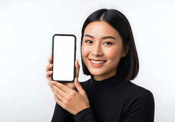Smiling Asian Woman Holding Up A Blank White Smartphone Screen For Advertising And Marketing On A Minimalist White Background.