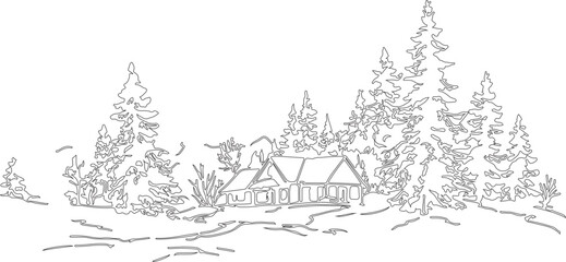 Obraz premium winter landscape with fir trees and line art or silhouette of cottage made by various hand drawn geometric patterns.